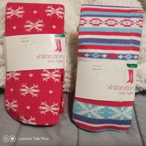 2 Pairs Xhilaration Girls Pink & Multicolor Snowflake Warm Tights Size 4-6 NWT